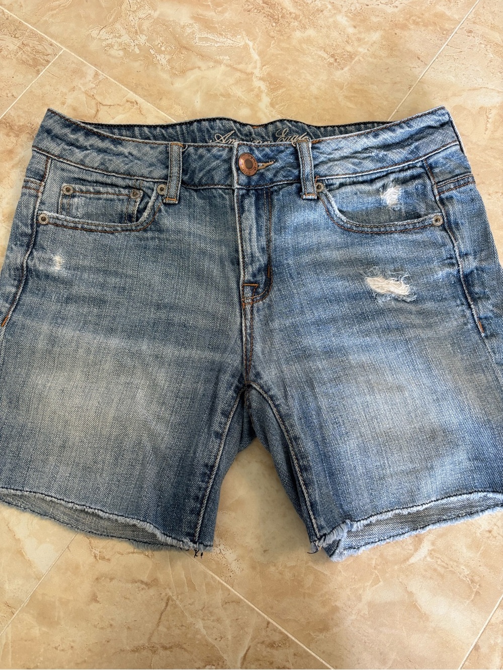 American Eagle Outfitters Jean Shorts Blue Denim Longer Length Distressed Size 0